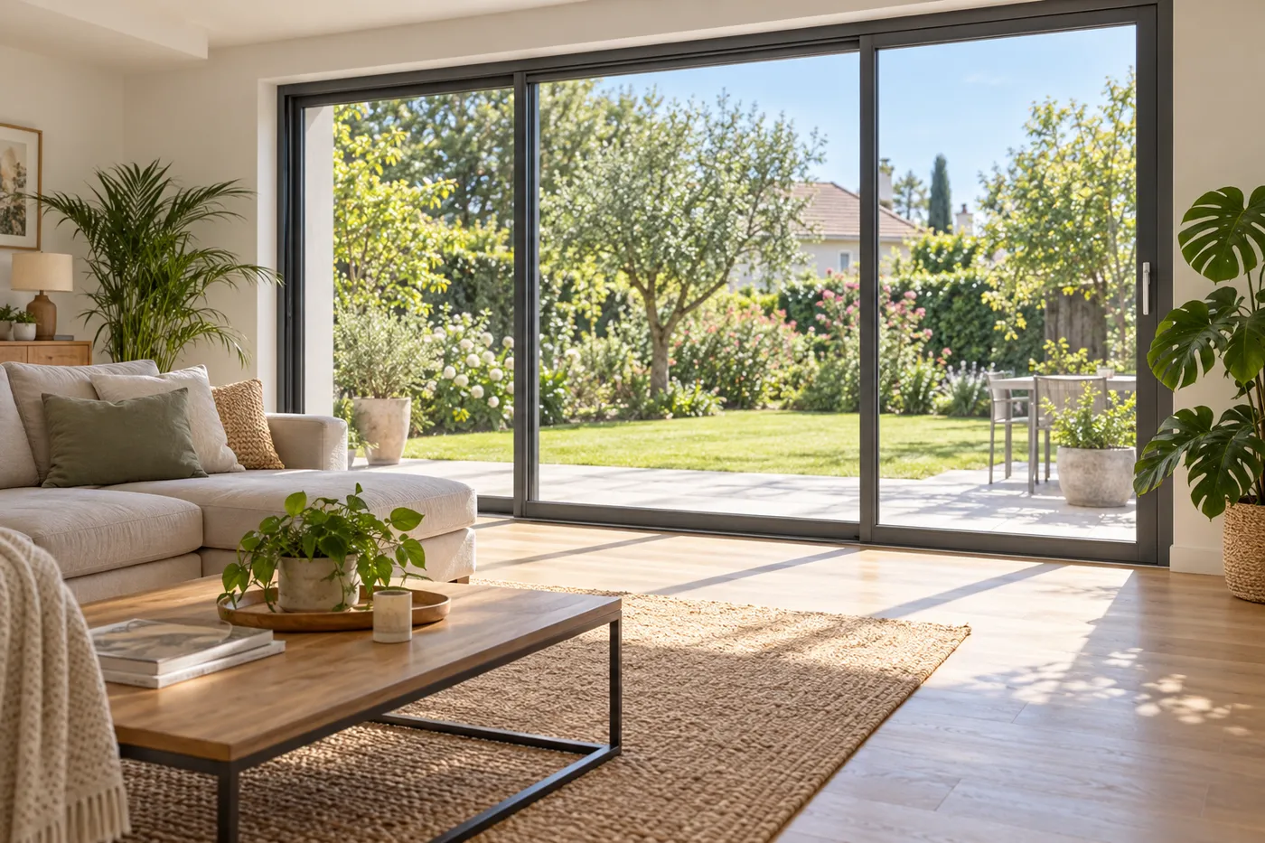 Grande baie vitrée plein sud d'une maison de l'Essonne, équipée d'un verre à contrôle solaire