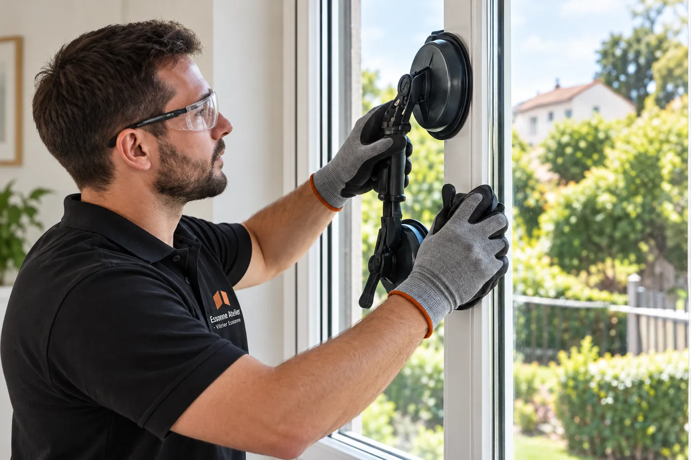 Vitrier d'Essonne Atelier posant un double vitrage à isolation renforcée avec une ventouse, gants de protection aux mains